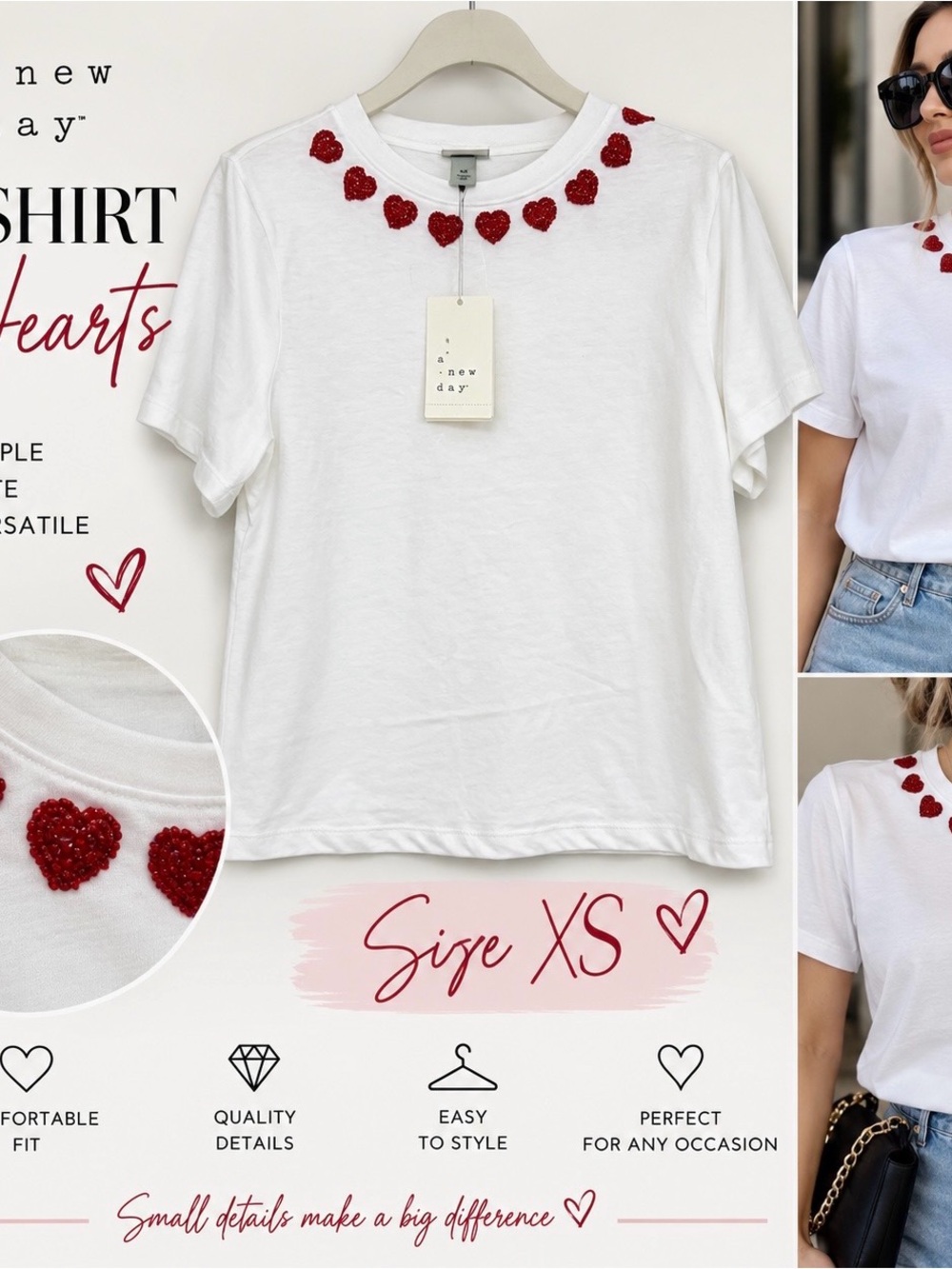 a new day White Short-Sleeve Tee with Red Heart Appliqué